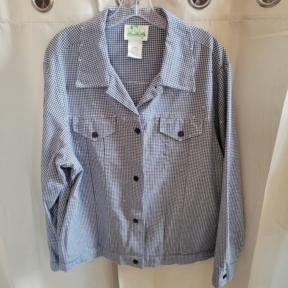 Vtg Quacker Factory Women Button Up Jacket Large Gingham Rhinestone Picnic 21753